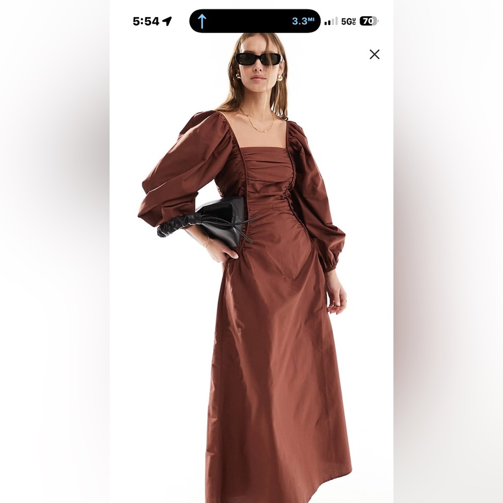 NWT ASOS DESIGN poplin square neck midi dress with nipped waist in chocolate